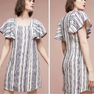 Anthropologie Navy White Striped Tunic Dress Ruffled-Sleeve Jovanie Akemi + Kin